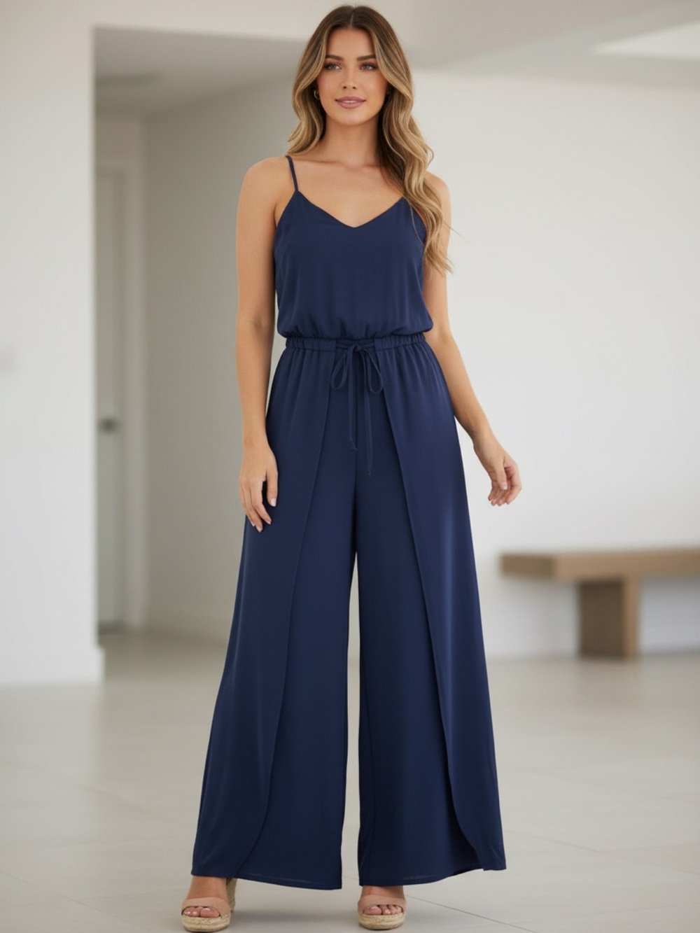 Evie Navy V-Neck Wide-Leg Jumpsuit with Drawstring Waist & overlap skirt